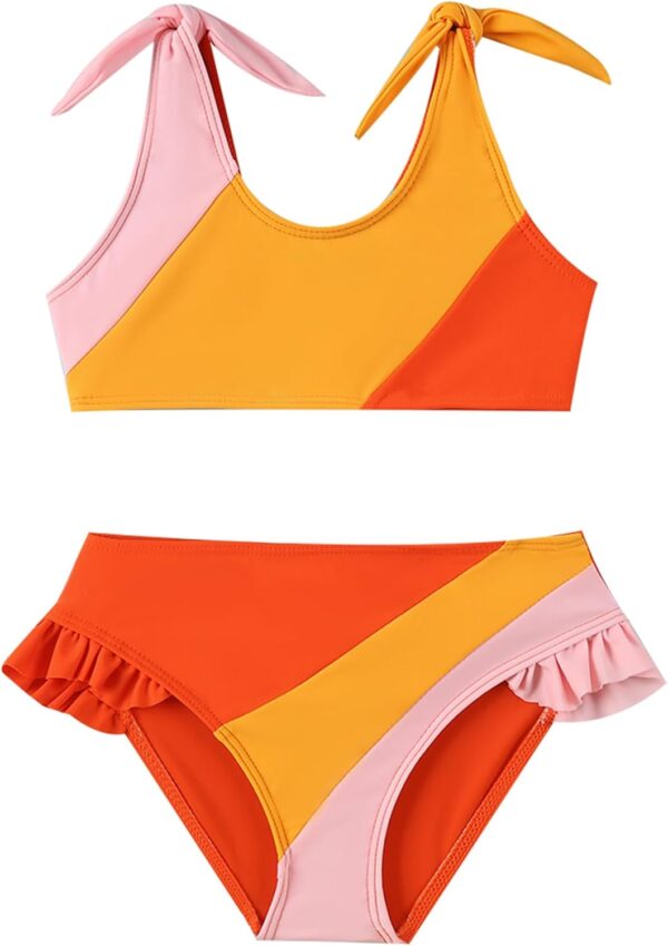 Toddler Girls Swimsuit Color Block Swimwear Kids Two Piece Bathing Suits Bowknot Beach Bikini Set