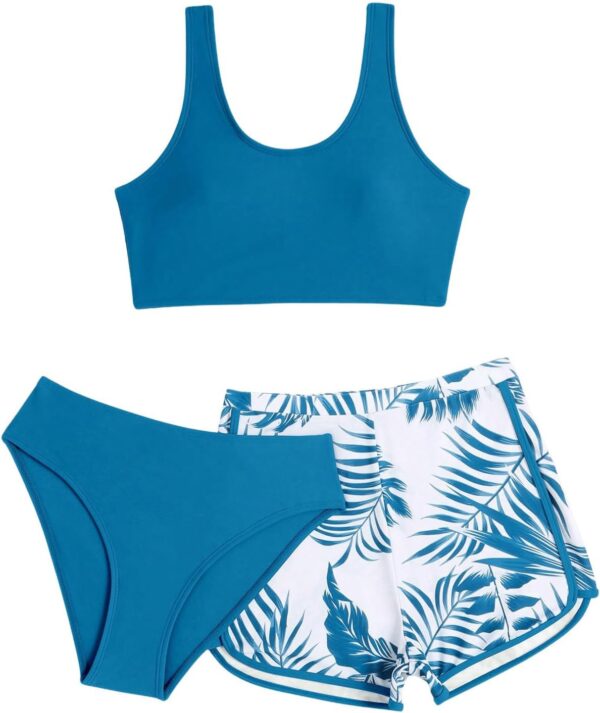 Girls' 3 Piece Swimsuit Tropical Print Bikini Bathing Suit with Shorts