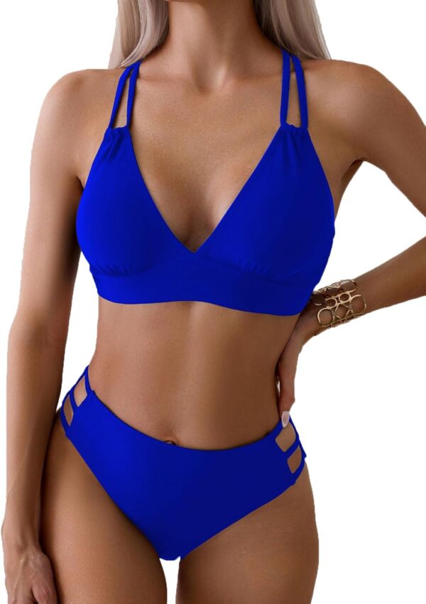 Women's Sexy V Neck Bikini Sets Hollow Out Two Piece Swimsuits Cutout Mid Waist Bathing Suit