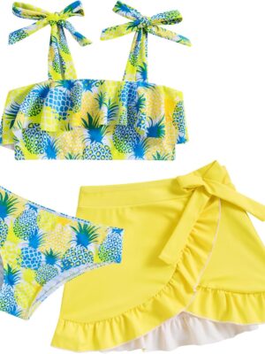 Girls Swimsuit 3 Piece Bathing Suits Flounce Bikini Tankini Set Beach Swimwear with Cover Ups Skirt for 3-8 Years