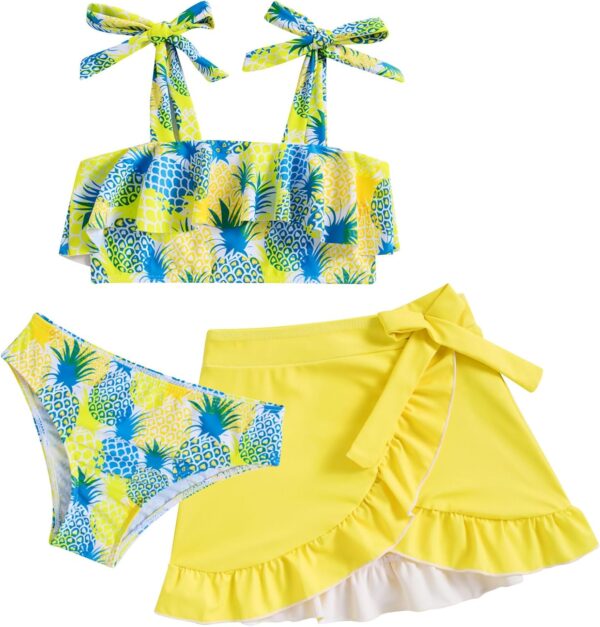 Girls Swimsuit 3 Piece Bathing Suits Flounce Bikini Tankini Set Beach Swimwear with Cover Ups Skirt for 3-8 Years