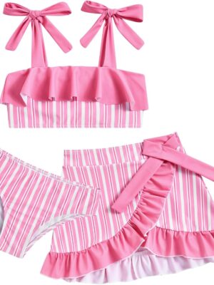 Girls Swimsuit 3 Piece Bathing Suits Flounce Bikini Tankini Set Beach Swimwear with Cover Ups Skirt for 3-8 Years