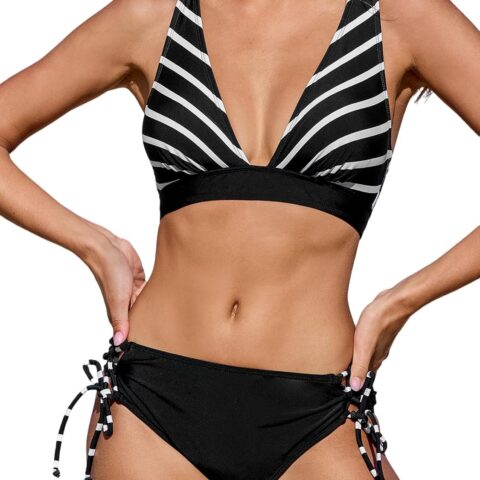 Bikini Set for Women Two Piece Swimsuit V Neck Triangle Top Wide Straps Cross Back Lace up Mid Rise